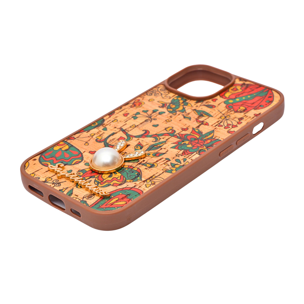 Bohemian Ethnic Print Cork Texture with Pearl Detail Phone Case for iPhone 15