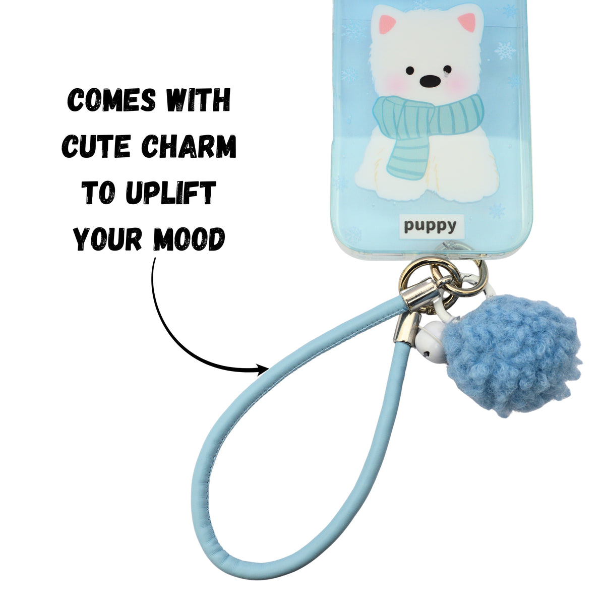 Fluffy Puppy Phone Case with Matching Wrist Strap Charm for iPhone 16 Pro
