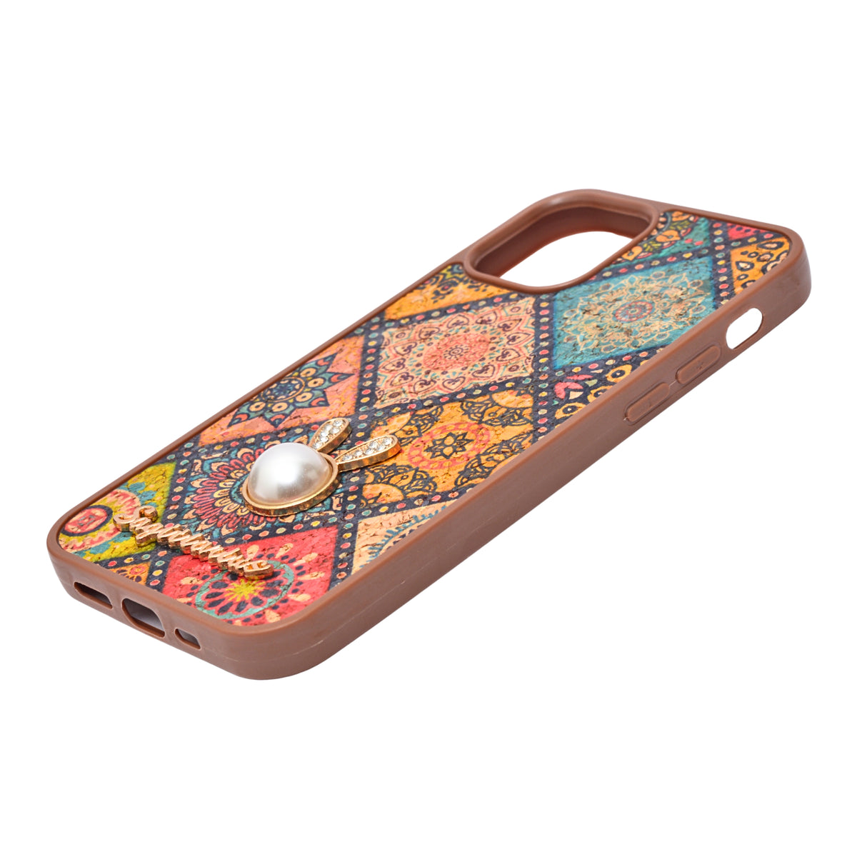 Bohemian Ethnic Print Cork Texture with Pearl Detail Phone Case for iPhone 12 / 12 Pro