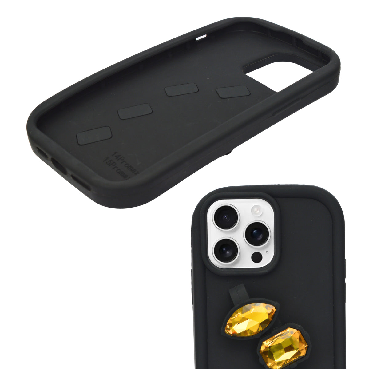 Luxury Crystal Gems with Fingers Grip Black Phone Case for iPhone 13 Pro Max / 14 Pro Max / 15 Pro Max