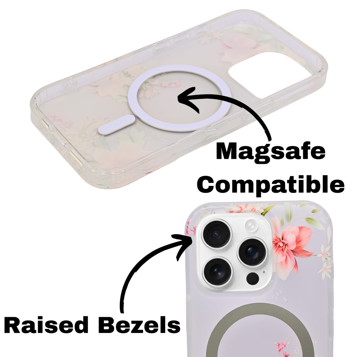 Transparent Floral MagSafe Compatible Phone Case for iPhone 16 Pro