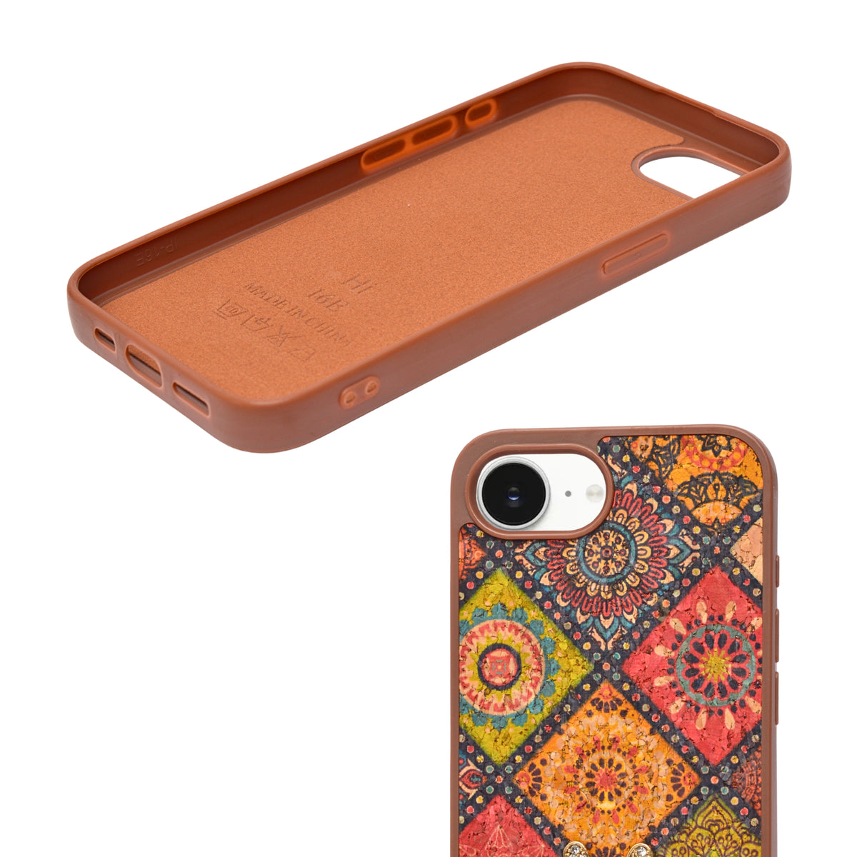 Bohemian Ethnic Print Cork Texture with Pearl Detail Phone Case for iPhone 16e