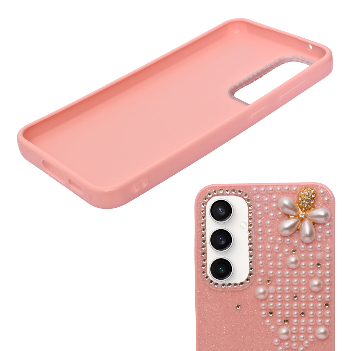 Luxury Glitter Finish with 3D Pearl Flower Design Phone Case for Samsung S23fe