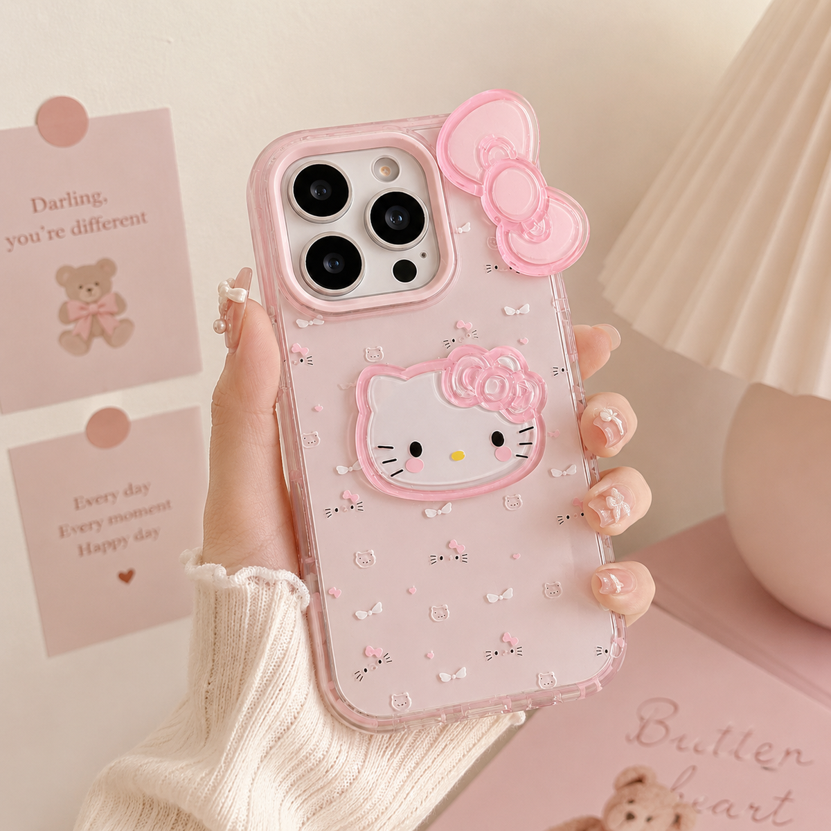 Transparent Pink Bow Kitty Case