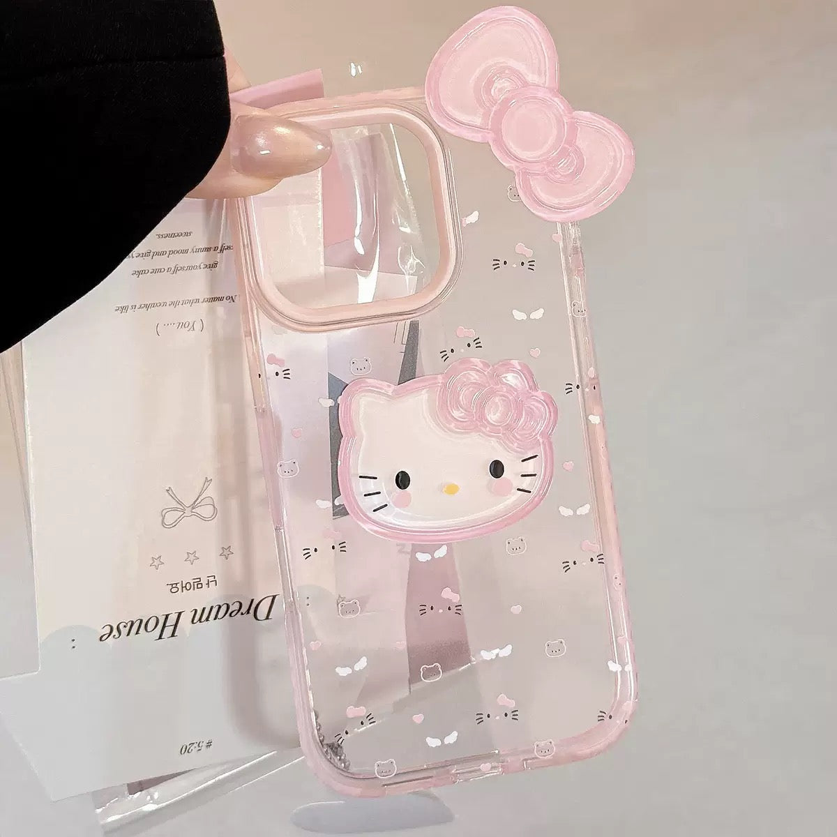 Transparent Pink Bow Kitty Case