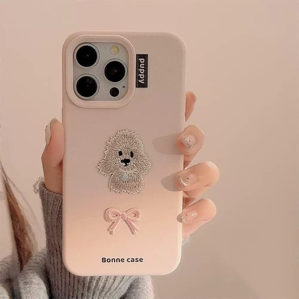 Aesthetic Pastel Pink Embroidered Puppy & Ribbon Bow Case