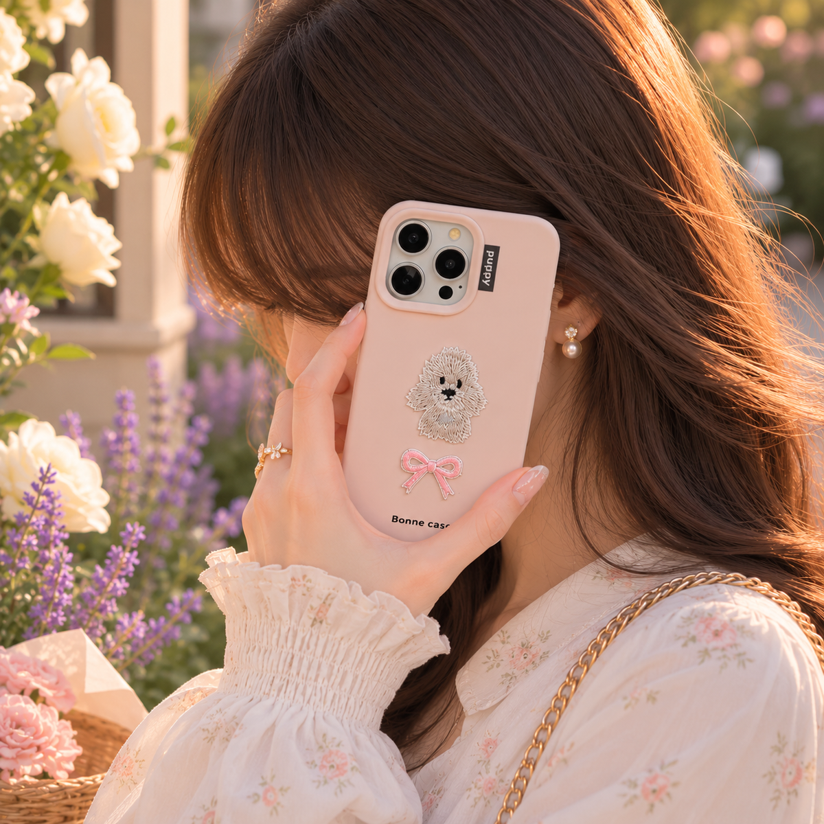 Aesthetic Pastel Pink Embroidered Puppy & Ribbon Bow Case