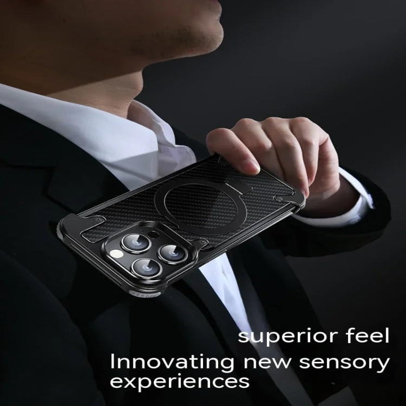 Frameless Carbon Fiber Metal Bumper Case with MagSafe Ring Stand – For iPhone 16 Pro / 16 Pro Max