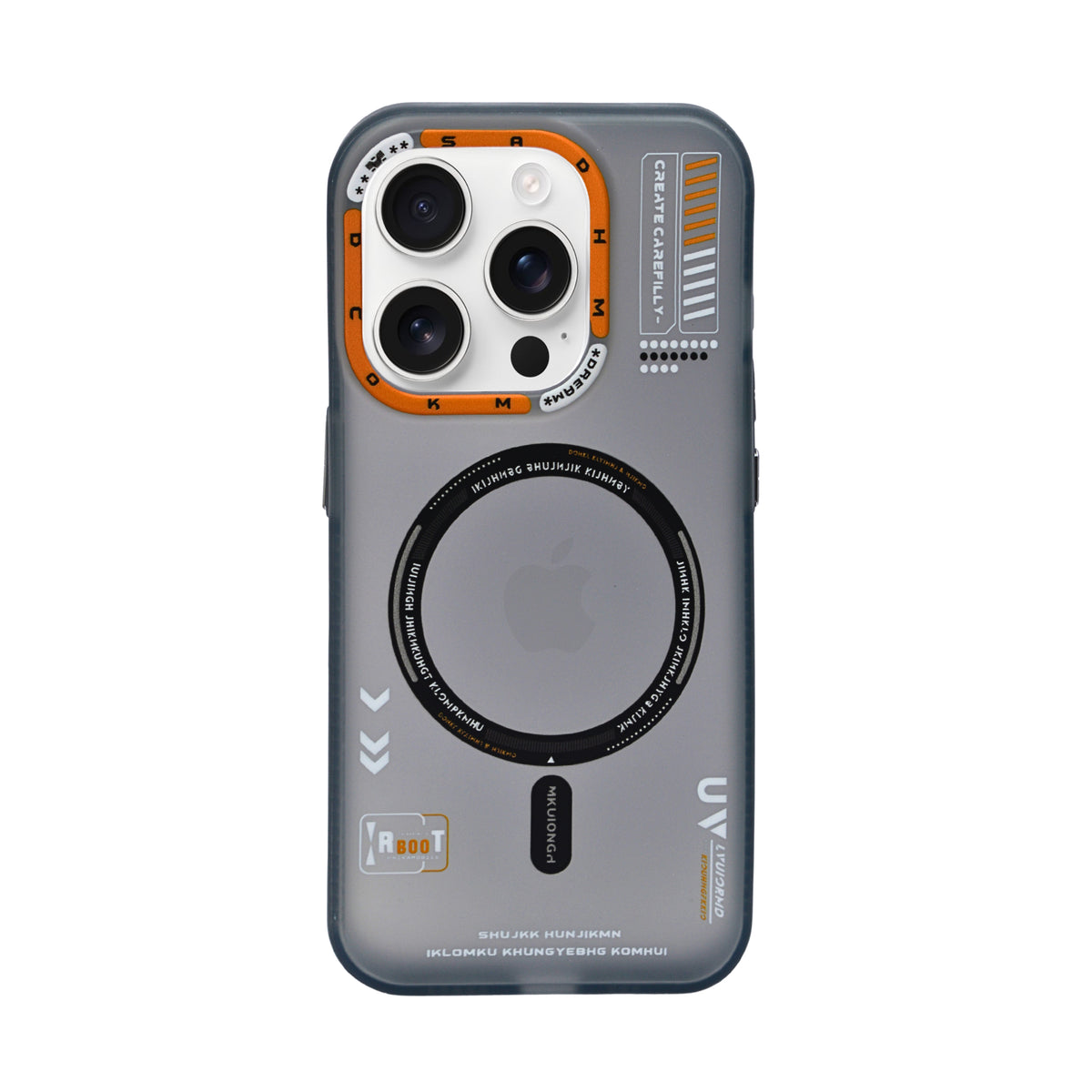 Frosted Futuristic Tech Design with Orange Accents Phone Case for iPhone 15 Pro