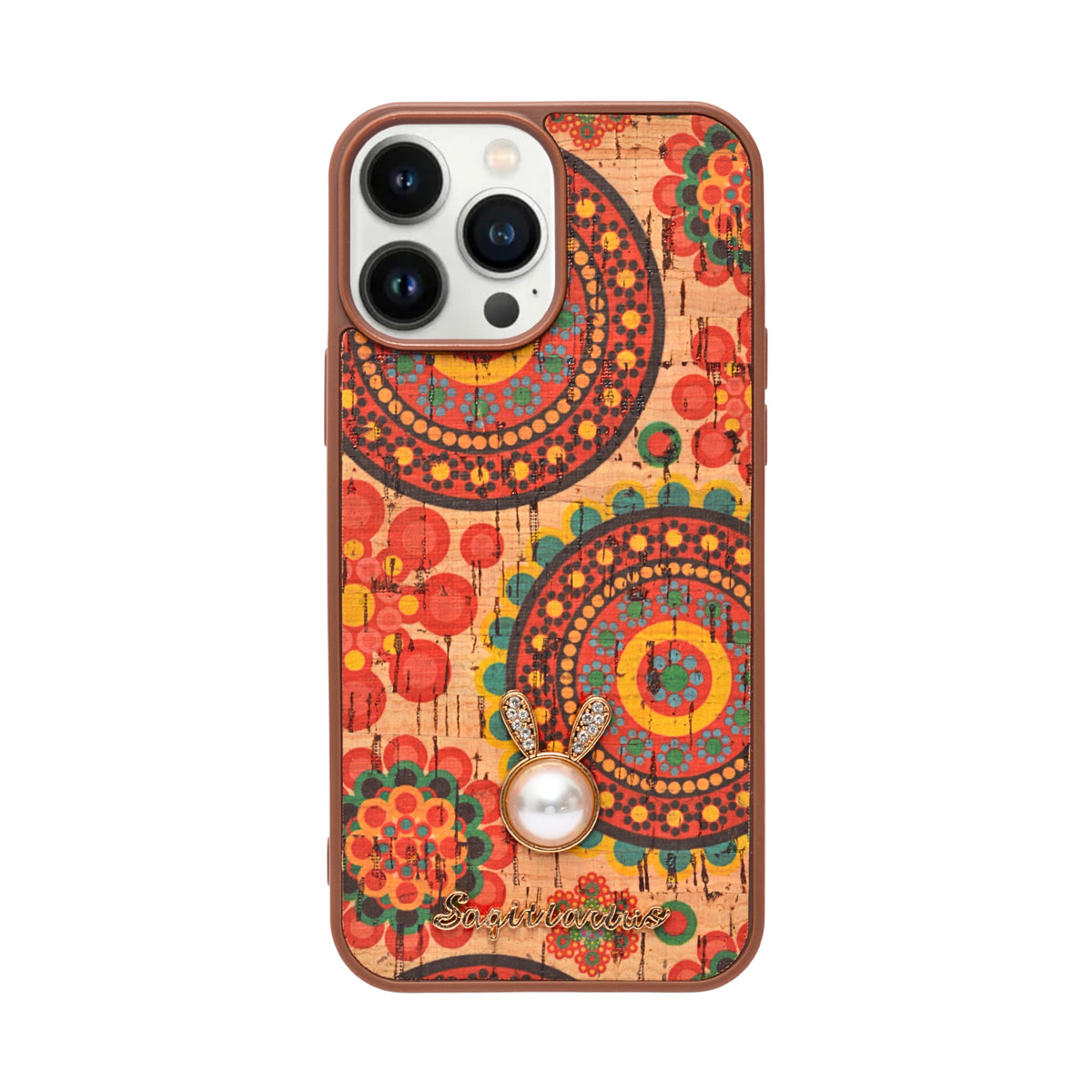 Bohemian Ethnic Print Cork Texture with Pearl Detail Phone Case for iPhone 13 Pro Max