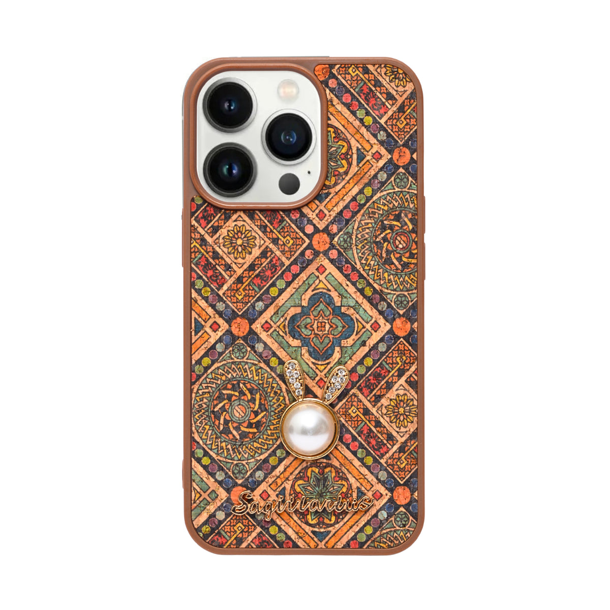 Bohemian Ethnic Print Cork Texture with Pearl Detail Phone Case for iPhone 13 Pro