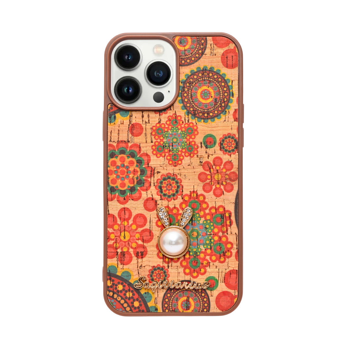 Bohemian Ethnic Print Cork Texture with Pearl Detail Phone Case for iPhone 13 Pro Max