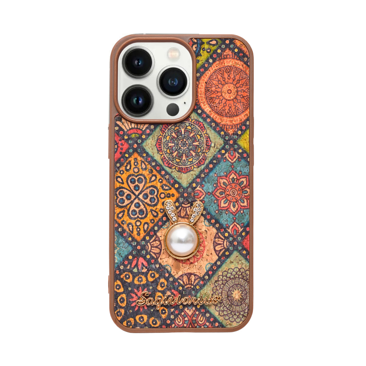 Bohemian Ethnic Print Cork Texture with Pearl Detail Phone Case for iPhone 13 Pro