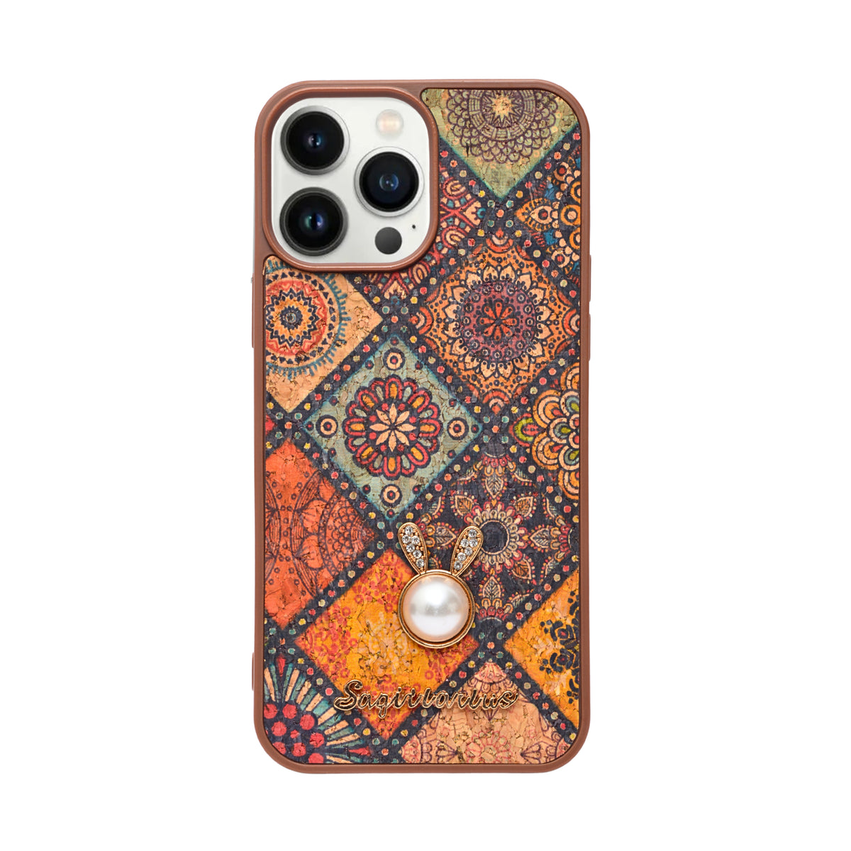 Bohemian Ethnic Print Cork Texture with Pearl Detail Phone Case for iPhone 13 Pro Max