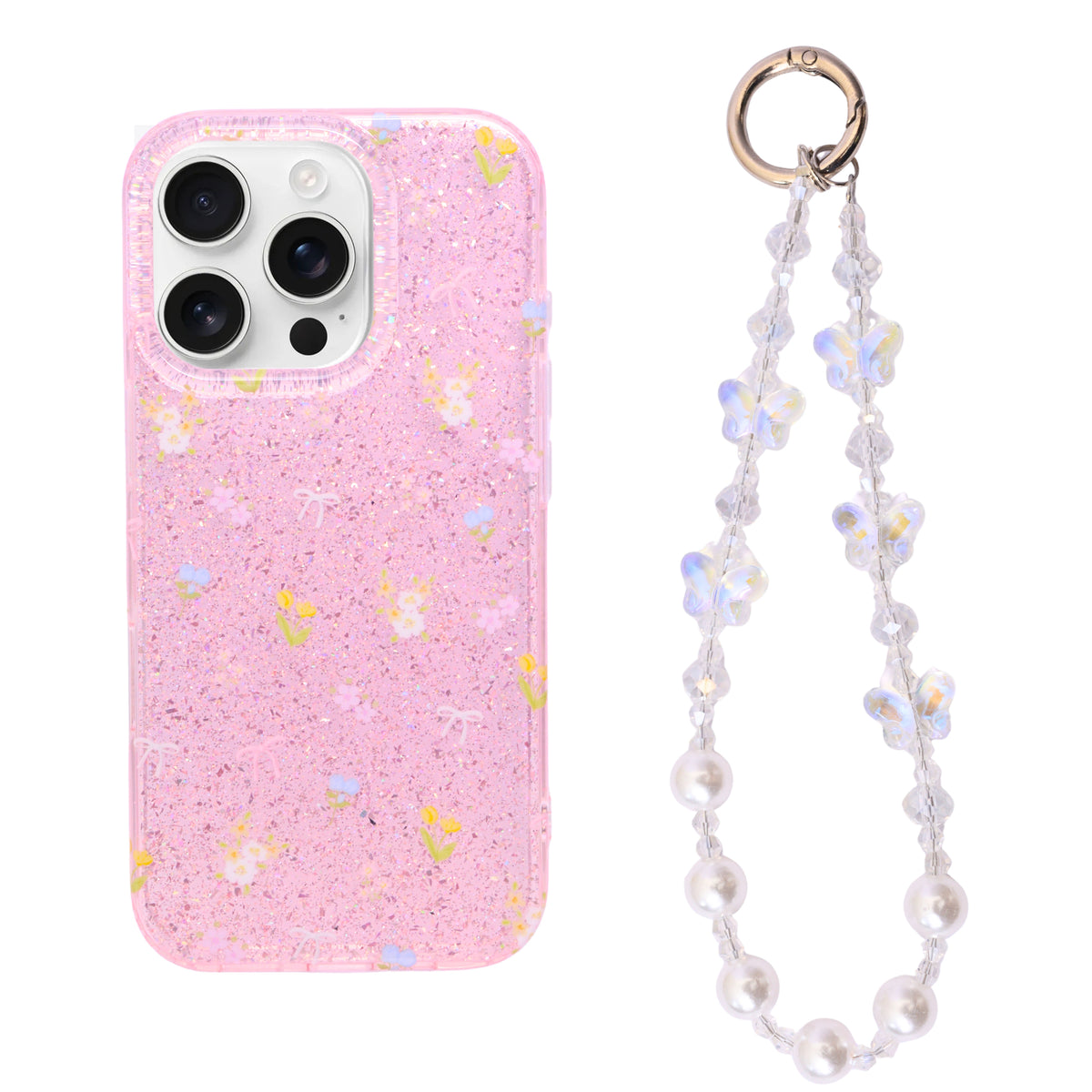Sparkle Floral Bow with Pearl & Butterfly Charm Wristlet Phone Case for iPhone 16 Pro