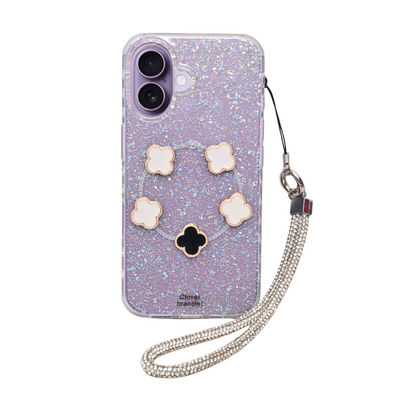 Glitter Clover Charm with Wristlet Phone Case for iPhone 16