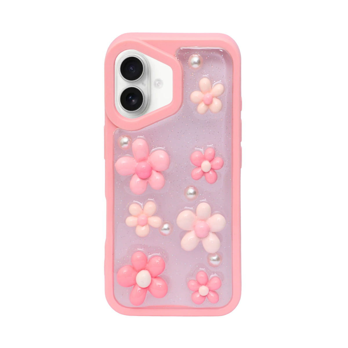 3D Pink Floral Pearl Design Protective Phone Case for iPhone 16