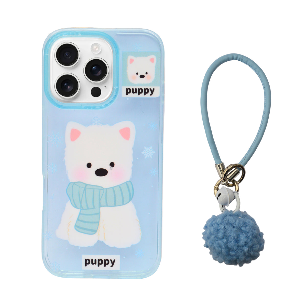 Fluffy Puppy Phone Case with Matching Wrist Strap Charm for iPhone 16 Pro