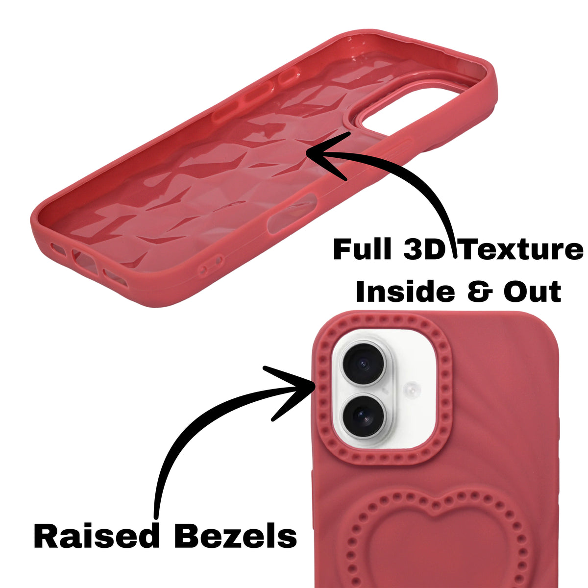 3D Heart Design Soft Silicone Protective Case for iPhone 16 Plus