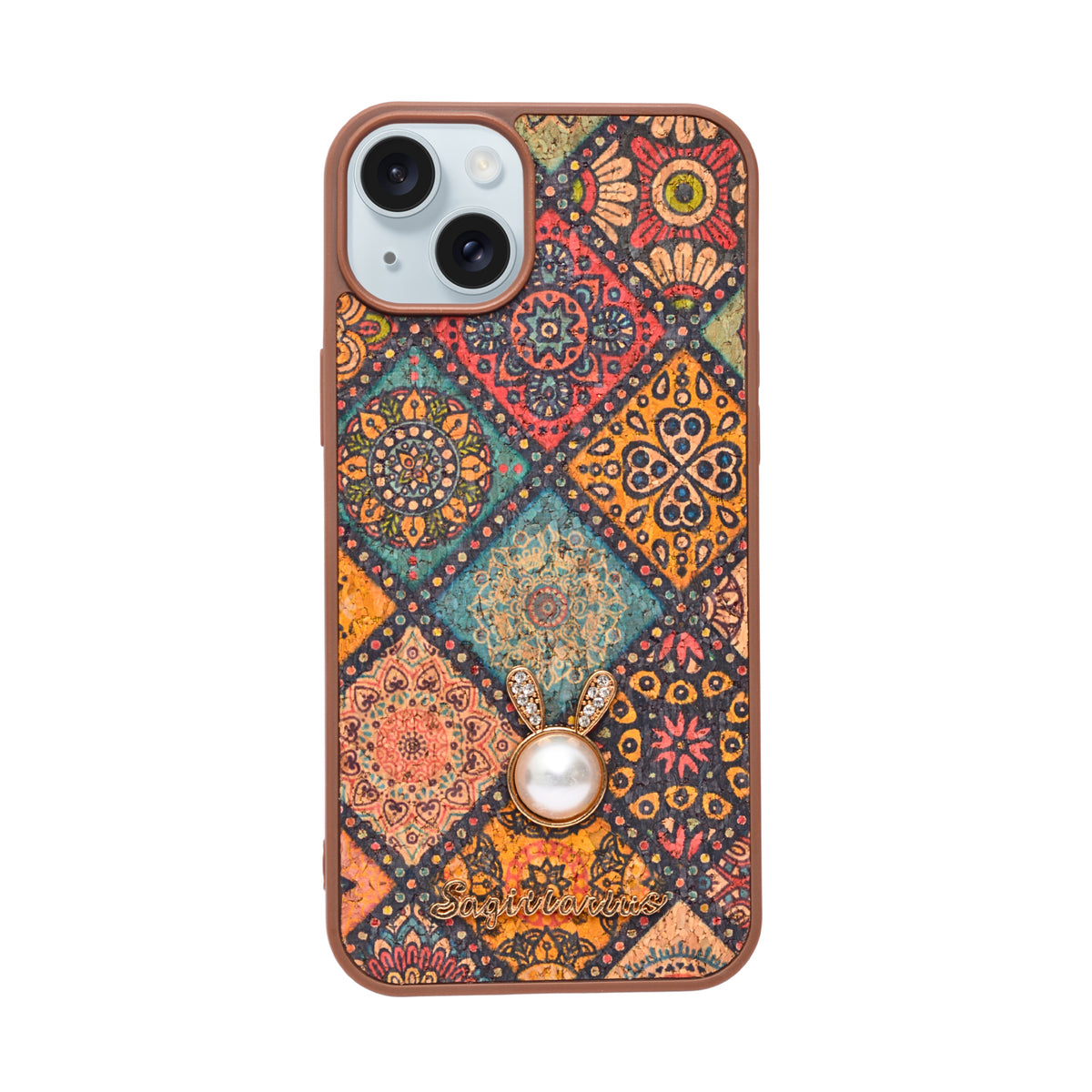 Bohemian Ethnic Print Cork Texture with Pearl Detail Phone Case for iPhone 14 Plus / 15 Plus