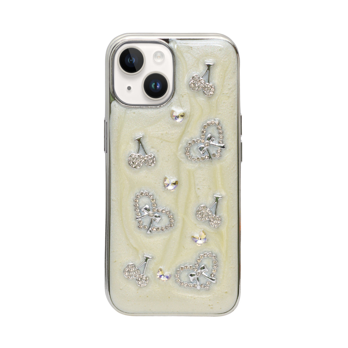 Rhinestone Embellished White Marble Phone Case for iPhone 13/ 14