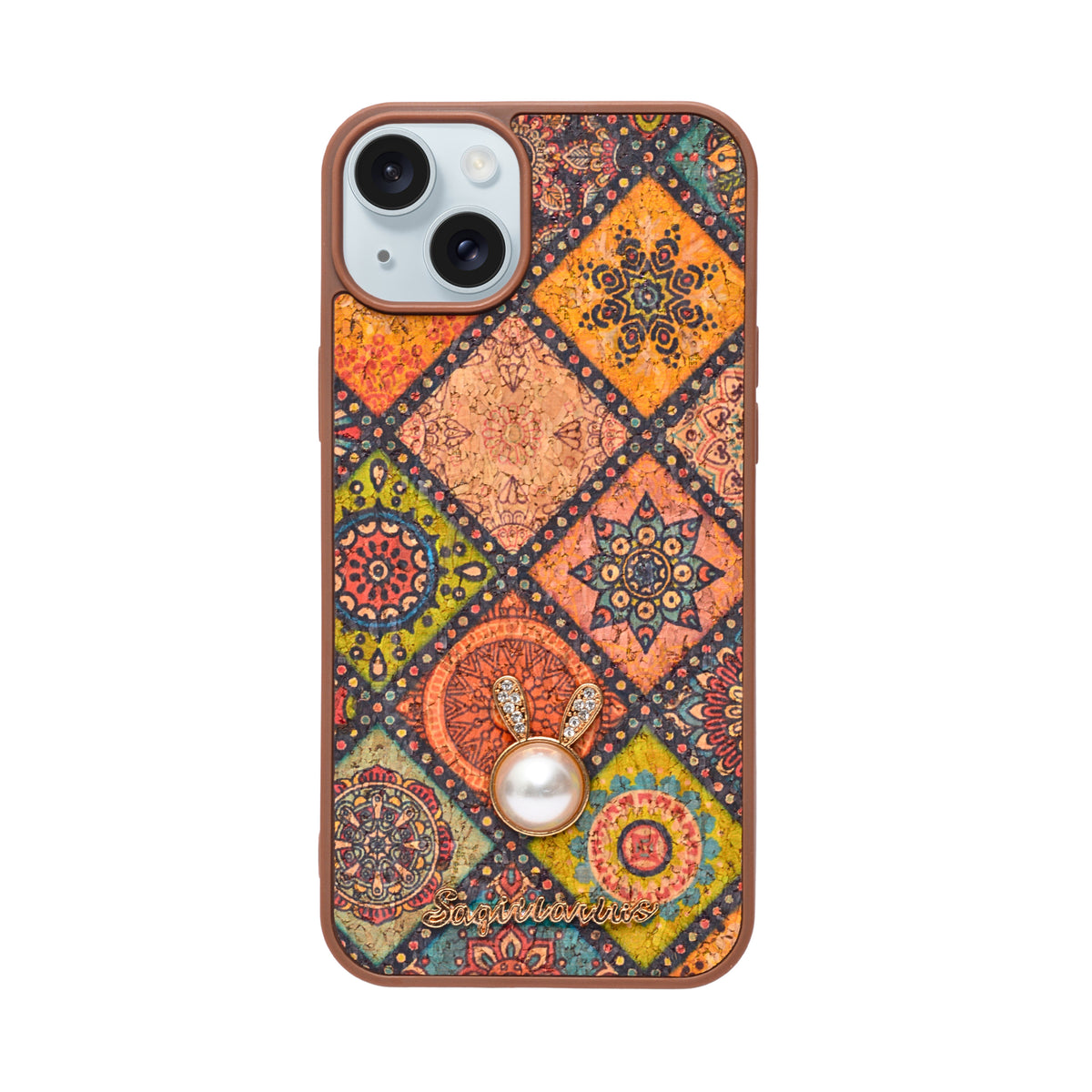 Bohemian Ethnic Print Cork Texture with Pearl Detail Phone Case for iPhone 14 Plus / 15 Plus