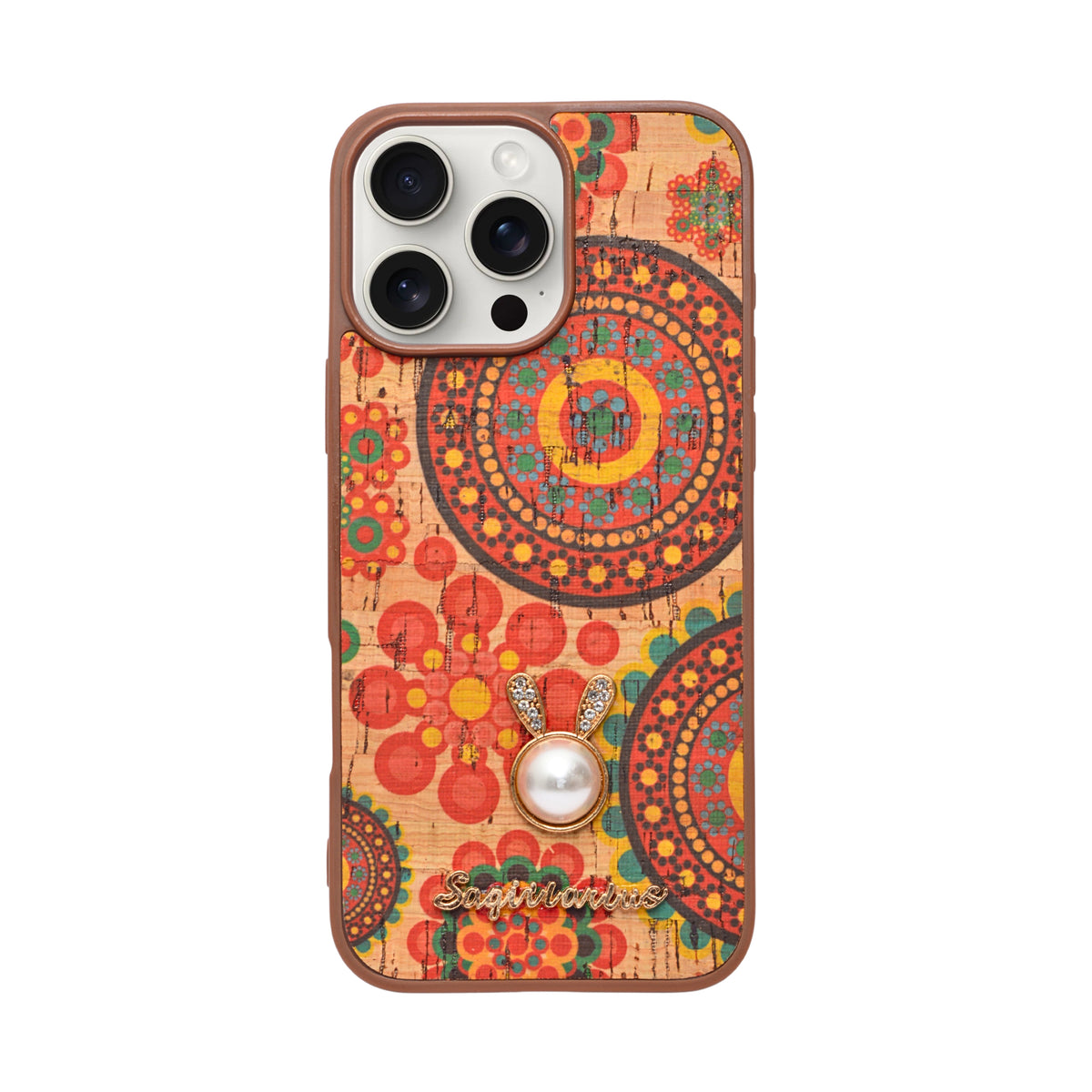 Bohemian Ethnic Print Cork Texture with Pearl Detail Phone Case for iPhone 16 Pro Max
