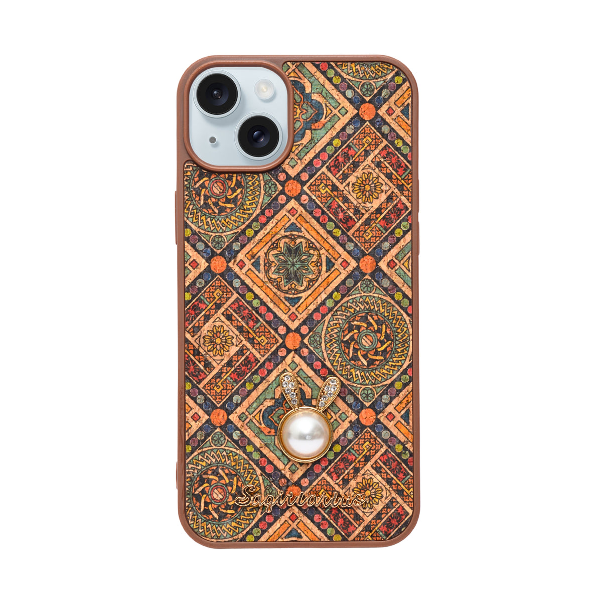 Bohemian Ethnic Print Cork Texture with Pearl Detail Phone Case for iPhone 14 Plus / 15 Plus