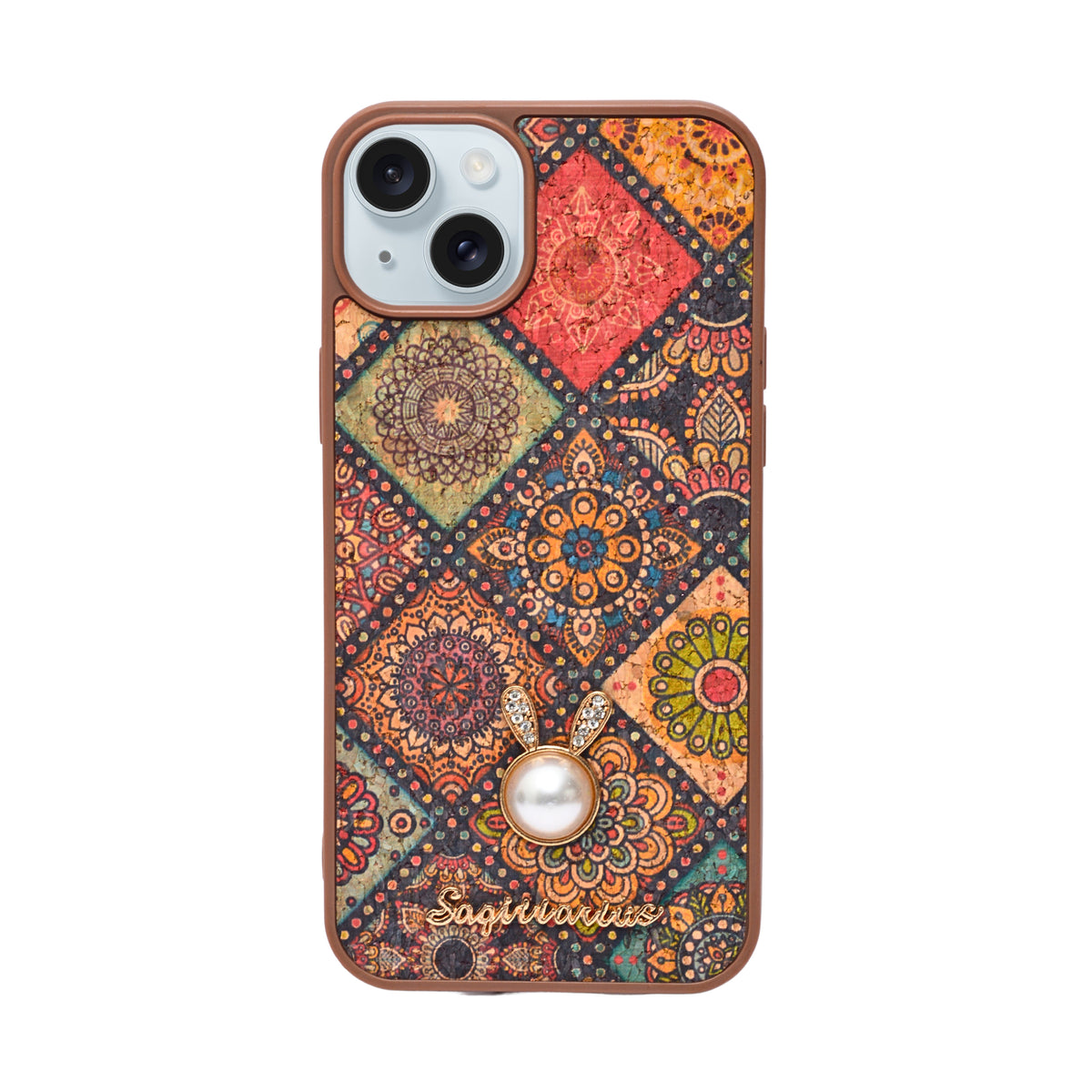 Bohemian Ethnic Print Cork Texture with Pearl Detail Phone Case for iPhone 14 Plus / 15 Plus