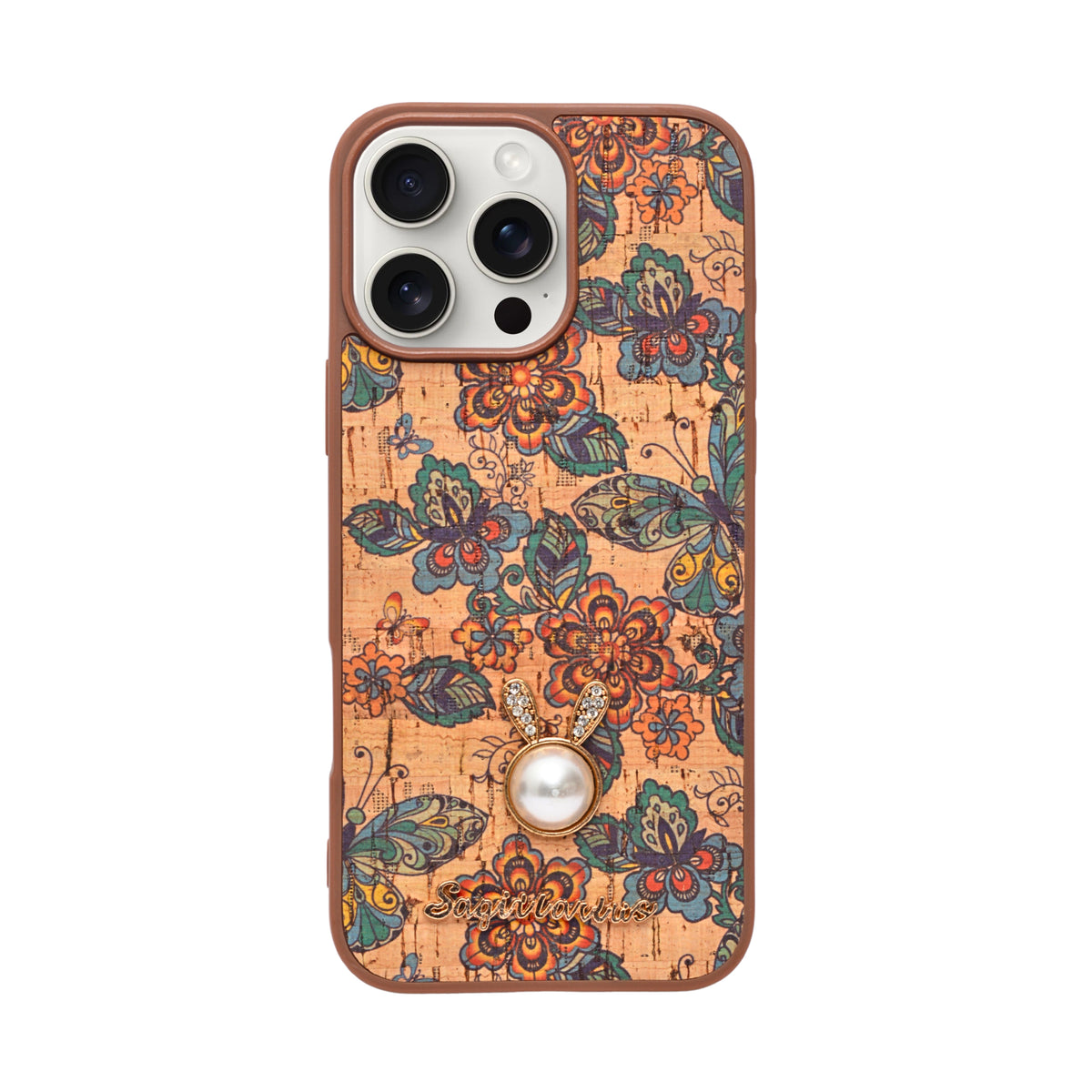 Bohemian Ethnic Print Cork Texture with Pearl Detail Phone Case for iPhone 16 Pro Max