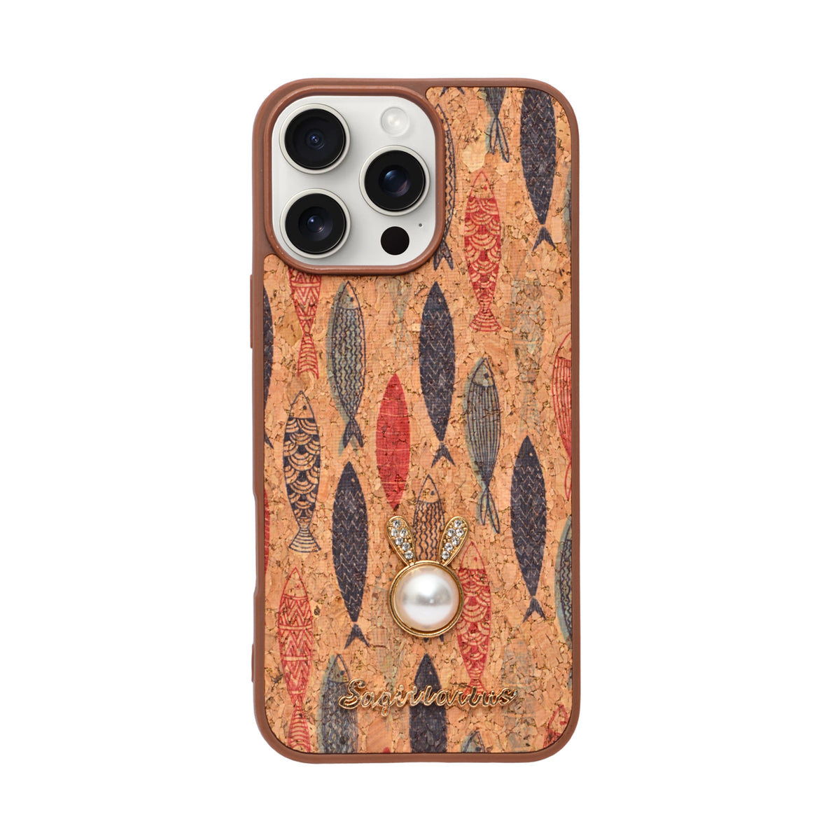Bohemian Ethnic Print Cork Texture with Pearl Detail Phone Case for iPhone 16 Pro Max