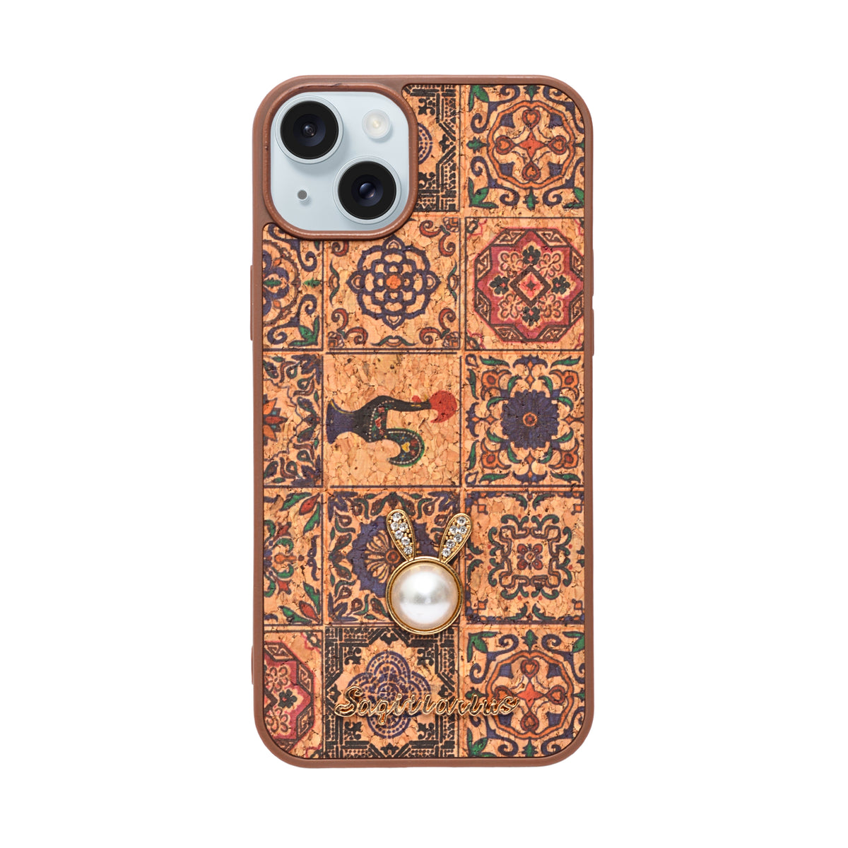 Bohemian Ethnic Print Cork Texture with Pearl Detail Phone Case for iPhone 14 Plus / 15 Plus