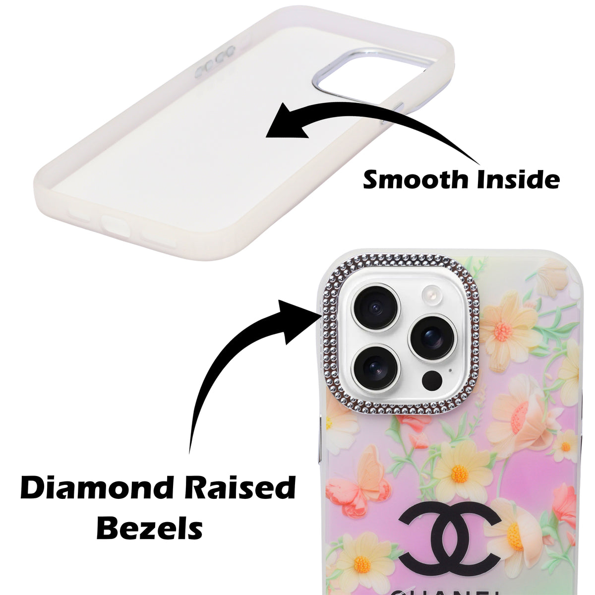 Luxury Printed With Rhinestone Camera Border Case For iPhone 15 Pro Max