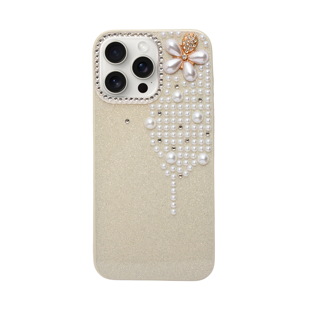 Luxury Glitter Finish with 3D Pearl Flower Design Phone Case for iPhone 14 Pro Max