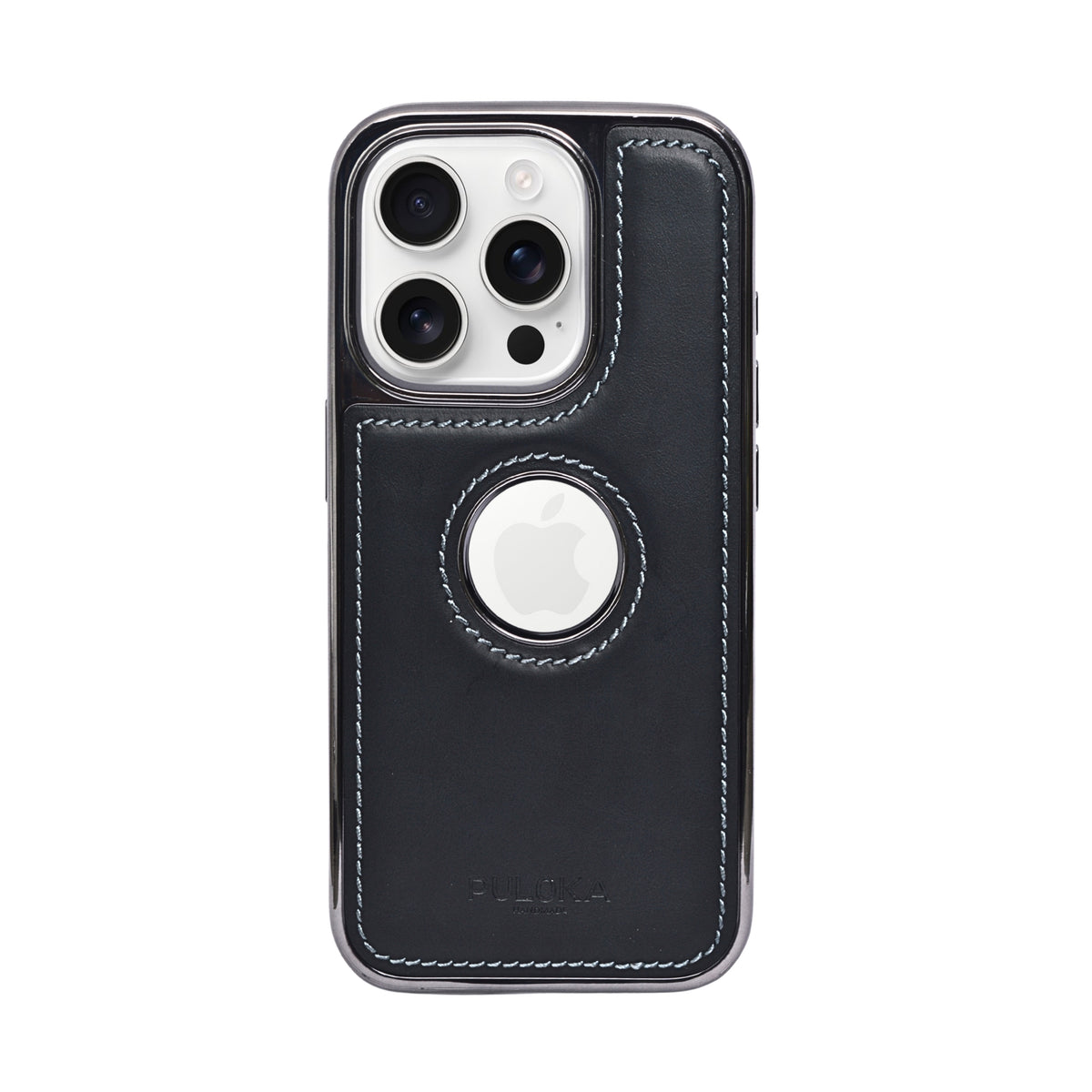 Stitched Leather Logo Visible Vintage Ultra Slim Protective Cover For iPhone 15 Pro