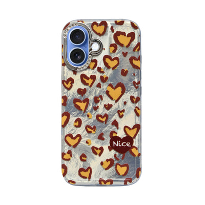 Heart Leopard Print with Diamond Accent Phone Case for iPhone 16