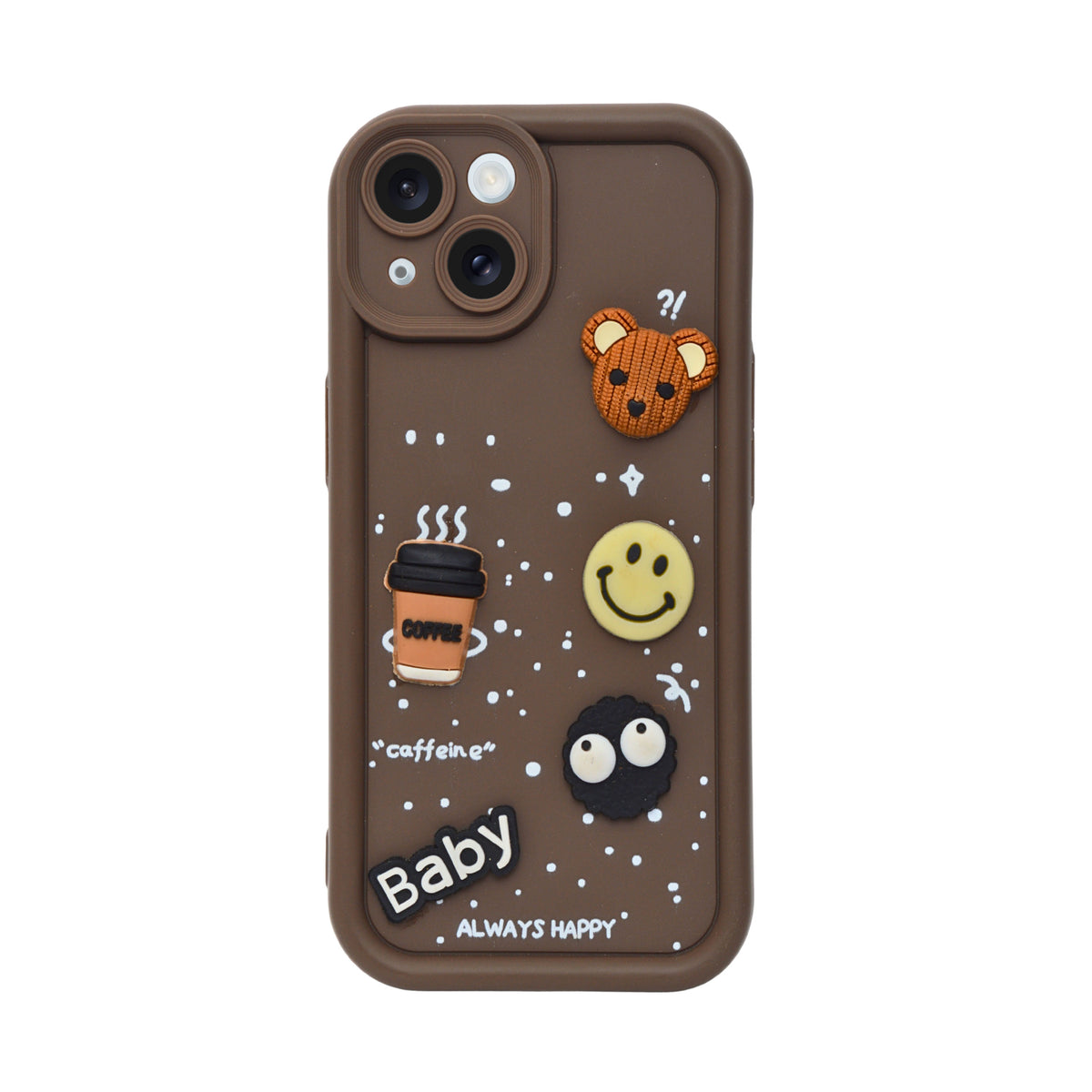 Adorable Coffee Vibe 3D Patch Silicone Phone Case with Cute Bear and Smiley for iPhone 15
