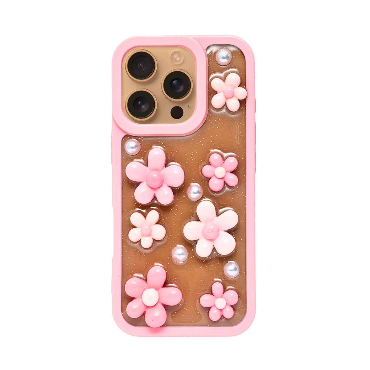 3D Pink Floral Pearl Design Protective Phone Case for iPhone 15 Pro